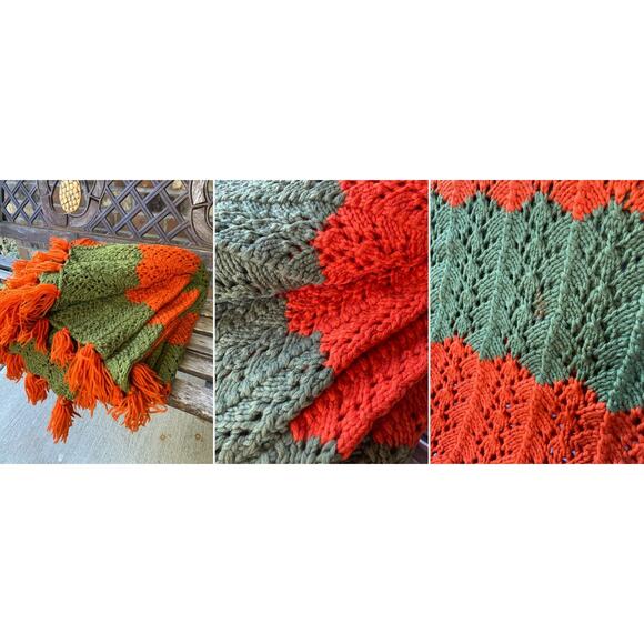 62" x 64" Crocheted Throw Blanket Green & Orange Vintage Afgan - Picture 2 of 2